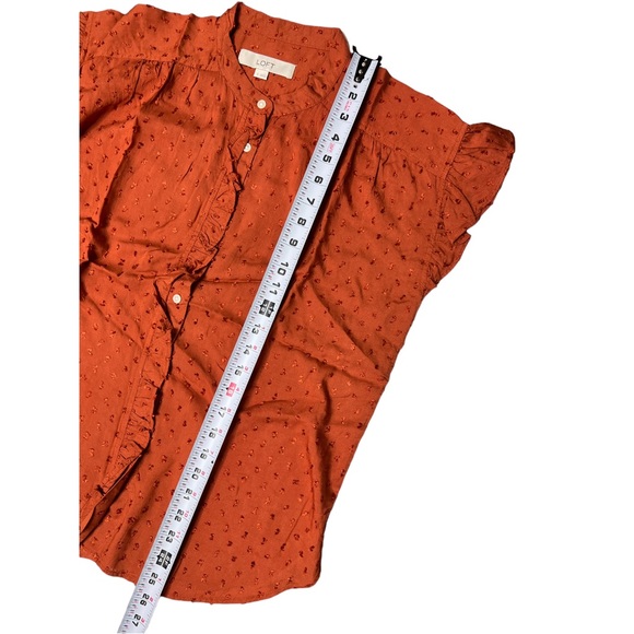 LOFT Ruffle Swiss Dot Button Up Blouse Short Sleeve Burnt Orange Sz S - Picture 14 of 15